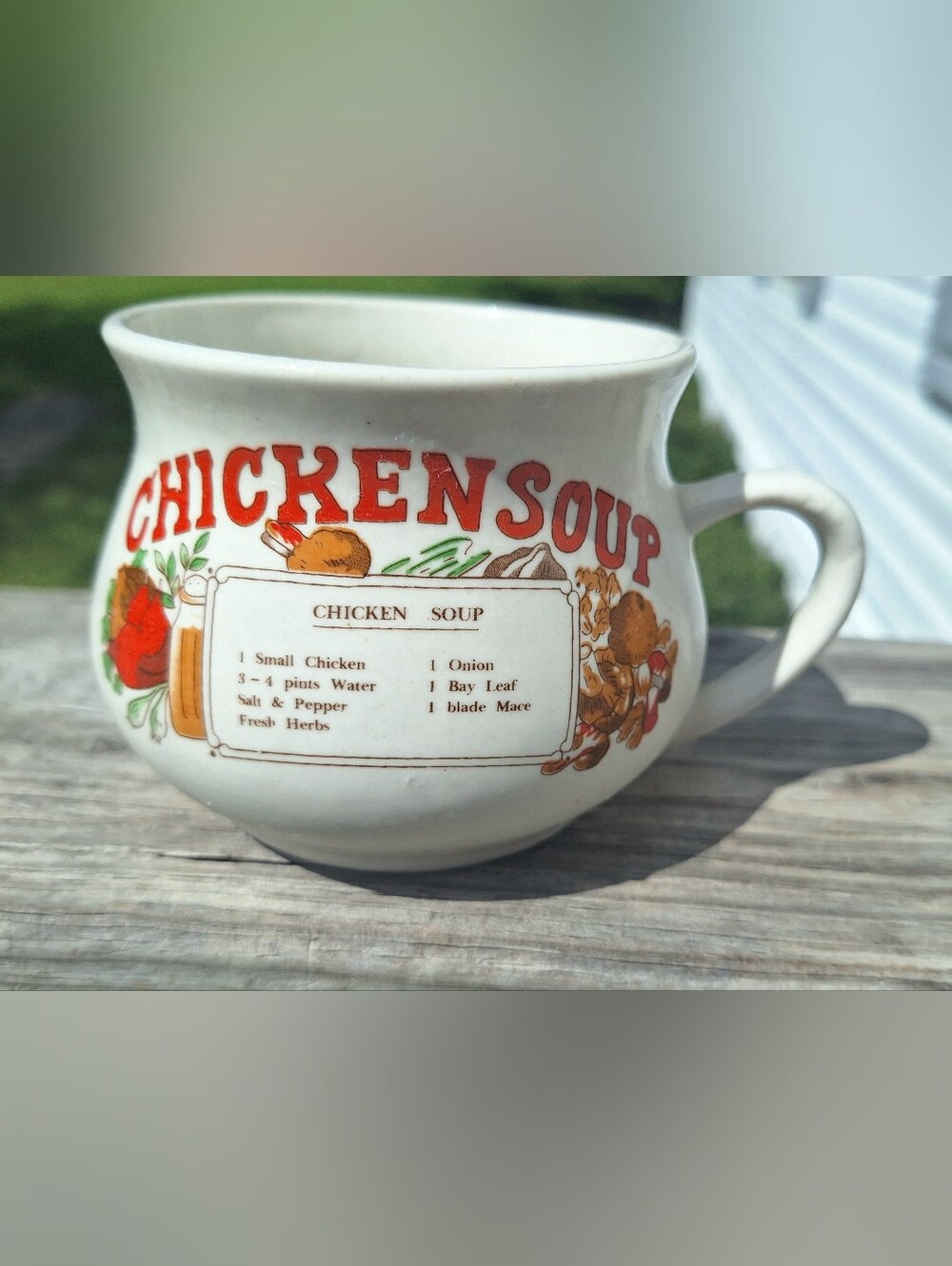 Source Unknown White Ceramic 'CHICKEN SOUP' Mug with Red and Brown Graphics
